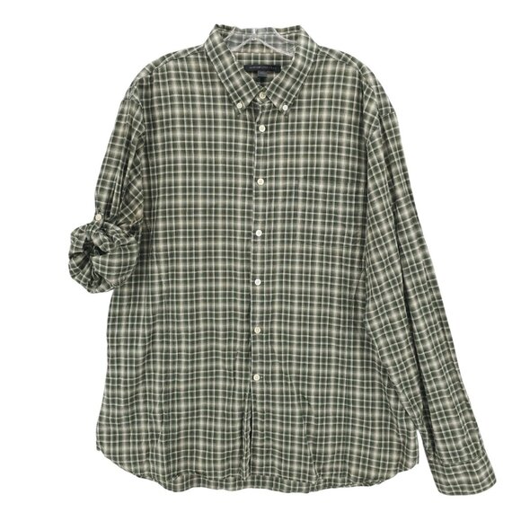 JOHN VARVATOS Green Check Button Down Shirt Roll Tab Sleeves Cotton Linen XXL - Picture 1 of 8